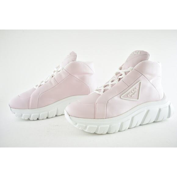 Prada Rush Piuma Nylon Pink White Platform Flat High Top Trainer Sneaker 37 - Picture 8 of 11